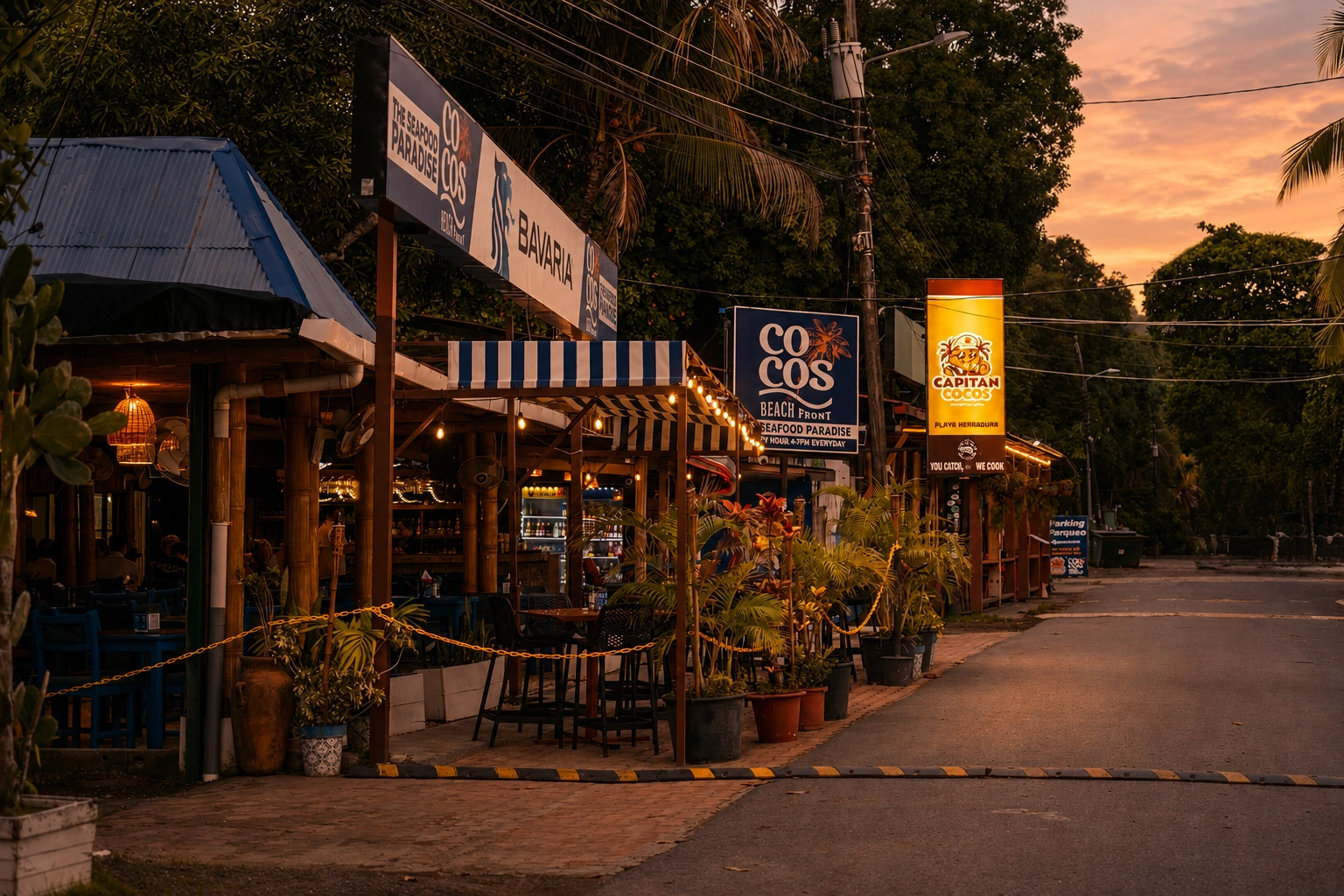 Vista exterior de Cocos Beach Front desde la calle al atardecer